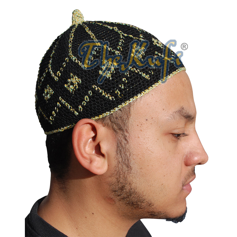 Rainbow Metallic Black Hand-Crocheted Design Cotton Kufi Hat Cap