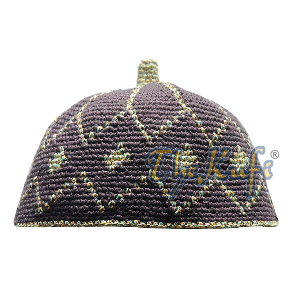 Dark Brown Kufi Hat With Pastel & Metallic Gold Thread