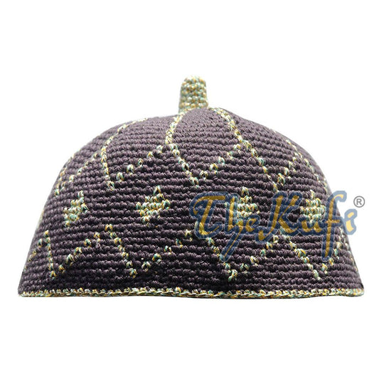Dark Brown Kufi Hat with Pastel & Metallic Gold Thread