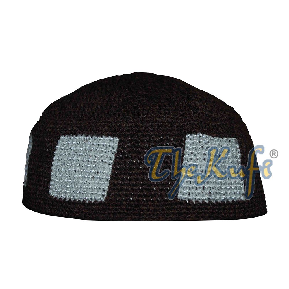 Dark Brown Hand-Crocheted Durable Cotton Kufi Hat Cap with White Design