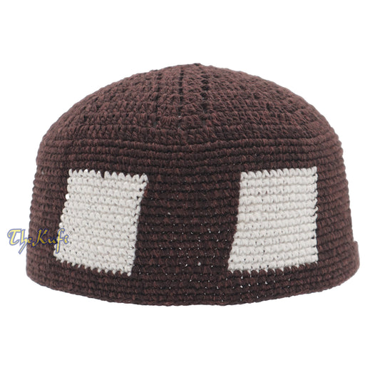 Hand-Crocheted Dark Brown Kufi With White Squares For Kids