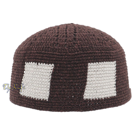 Hand-Crocheted Dark Brown Kufi with White Squares For Kids