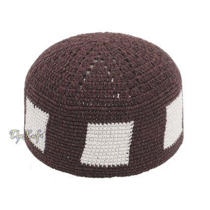 Hand-Crocheted Dark Brown Kufi With White Squares For Kids