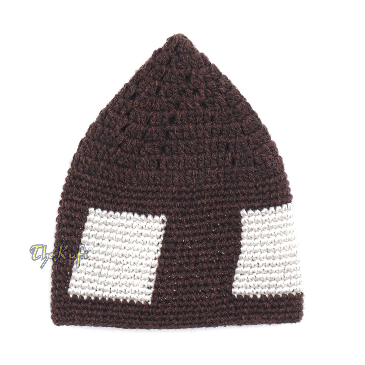 Hand-Crocheted Dark Brown Kufi with White Squares For Kids