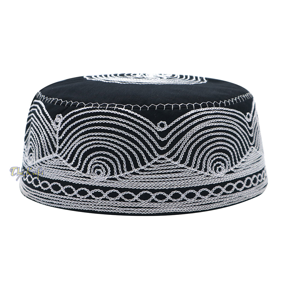 Kufi Islam Kapas Buatan Tangan Tinggi yang Unik dengan Topi Sulaman Hitam dan Perak