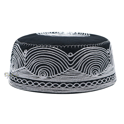 Kufi Islam Kapas Buatan Tangan Tinggi yang Unik dengan Topi Sulaman Hitam dan Perak