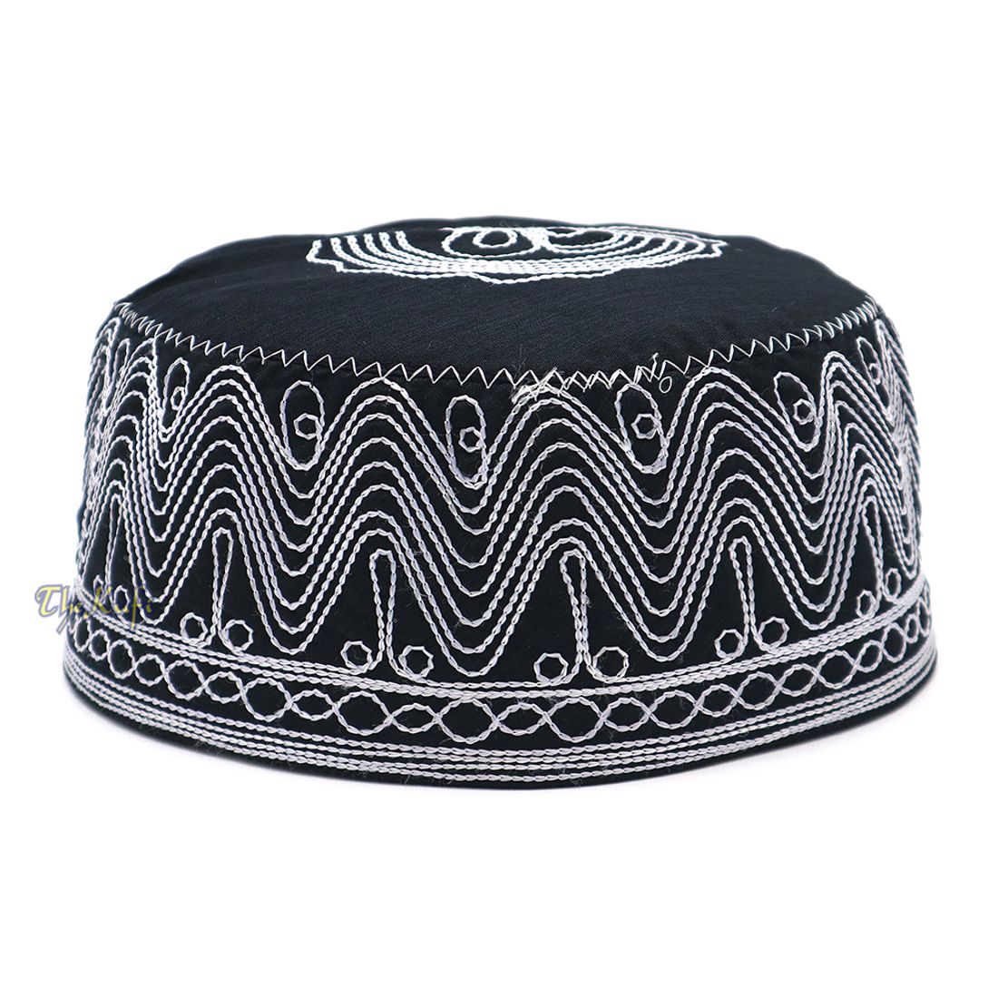 Islamic Kufi Hat | 3″ Tall Handcrafted Cotton-blend Cap with Black & Silver Embroidery