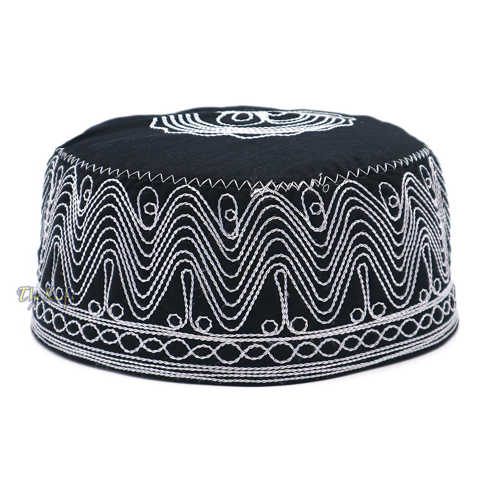 Islamic Kufi Hat | 3″ Tall Handcrafted Cotton-blend Cap with Black & Silver Embroidery