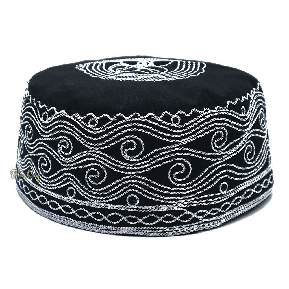 Islamic Kufi Hat | 3″ Tall Handcrafted Cotton-Blend Cap With Black & Silver Embroidery