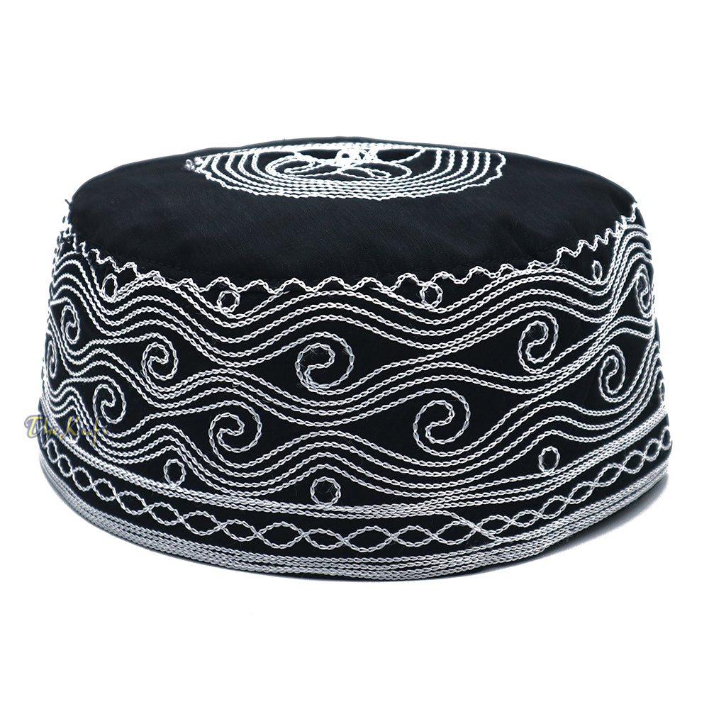 Kufi Islam Kapas Buatan Tangan Tinggi yang Unik dengan Topi Sulaman Hitam dan Perak