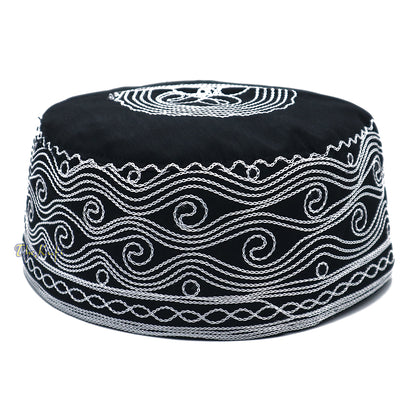 Kufi Islam Kapas Buatan Tangan Tinggi yang Unik dengan Topi Sulaman Hitam dan Perak