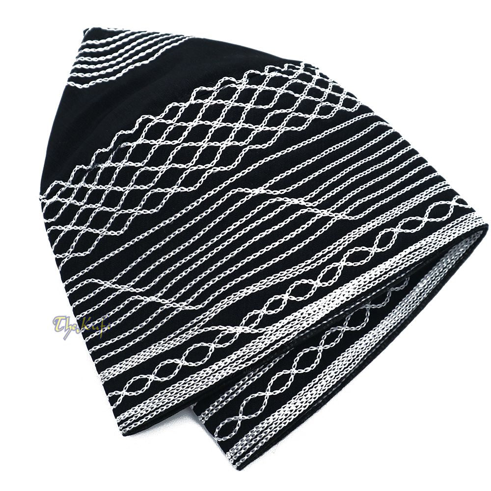 Islamic Kufi Hat | 3″ Tall Black Cotton-blend Cap with White Embroidery