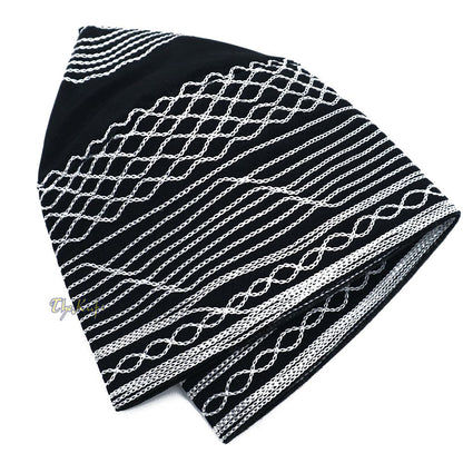 Islamic Kufi Hat | 3″ Tall Black Cotton-blend Cap with White Embroidery