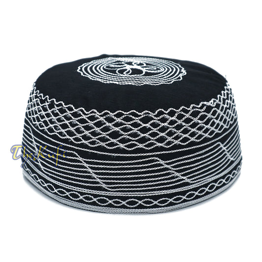 Islamic Kufi Hat | 3″ Tall Black Cotton-blend Cap with White Embroidery