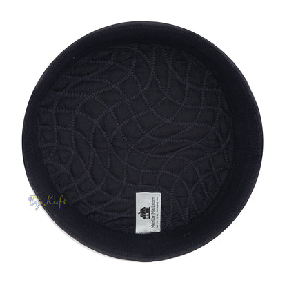 Premium Black Padded Malawi Kufis - Handmade Round Embroidered Asad Motif Muslim Prayer Caps