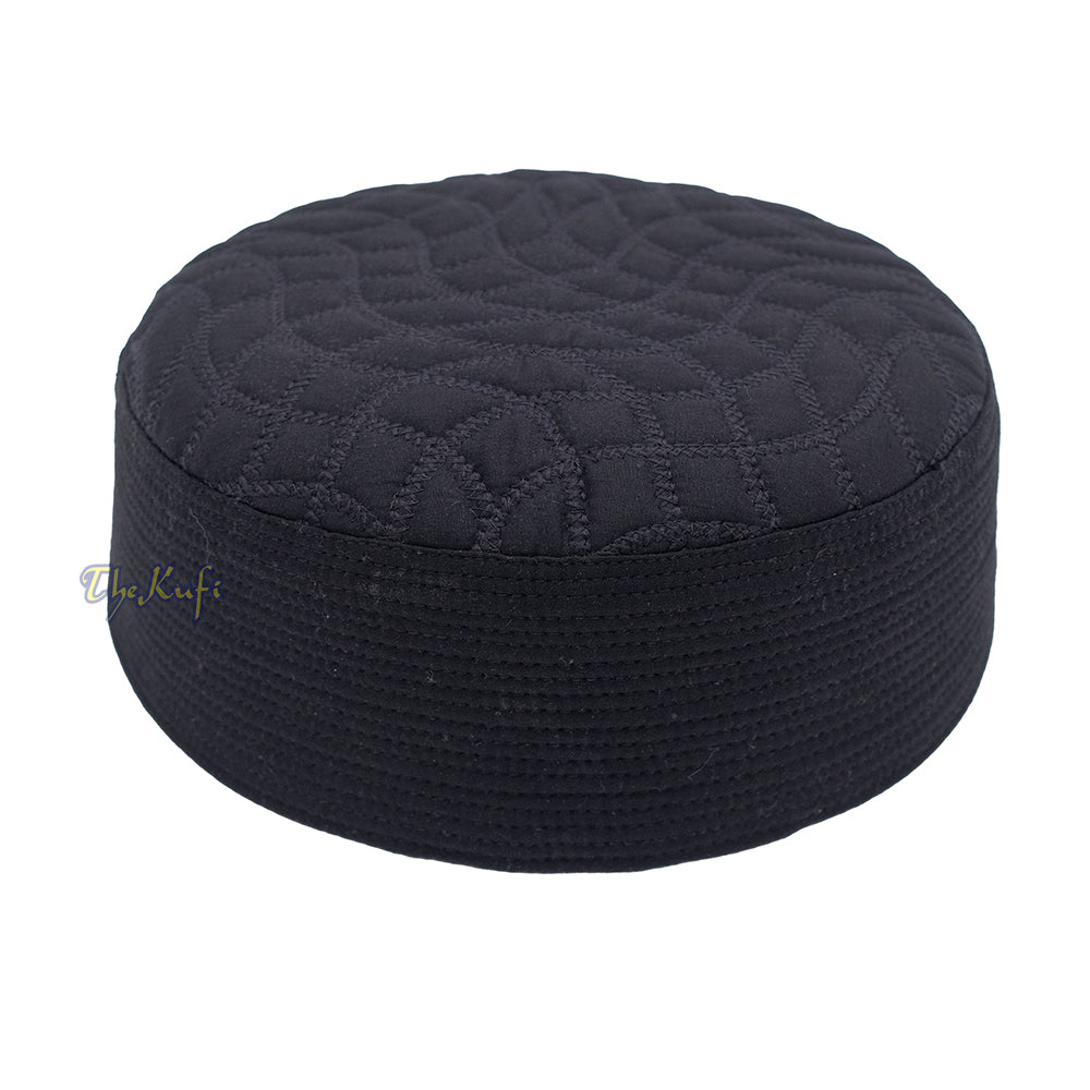 Premium Black Padded Malawi Kufis – Handmade Round Embroidered Asad Motif Muslim Prayer Caps