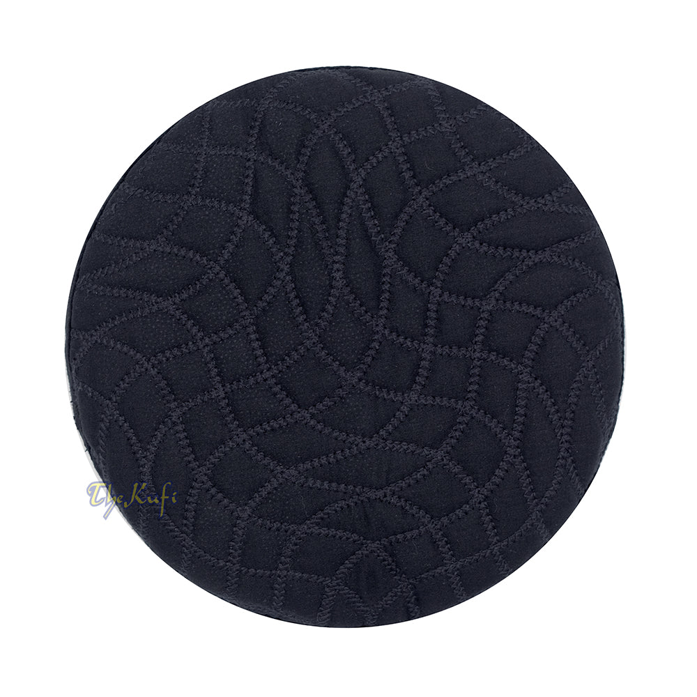 Premium Black Padded Malawi Kufis - Handmade Round Embroidered Asad Motif Muslim Prayer Caps
