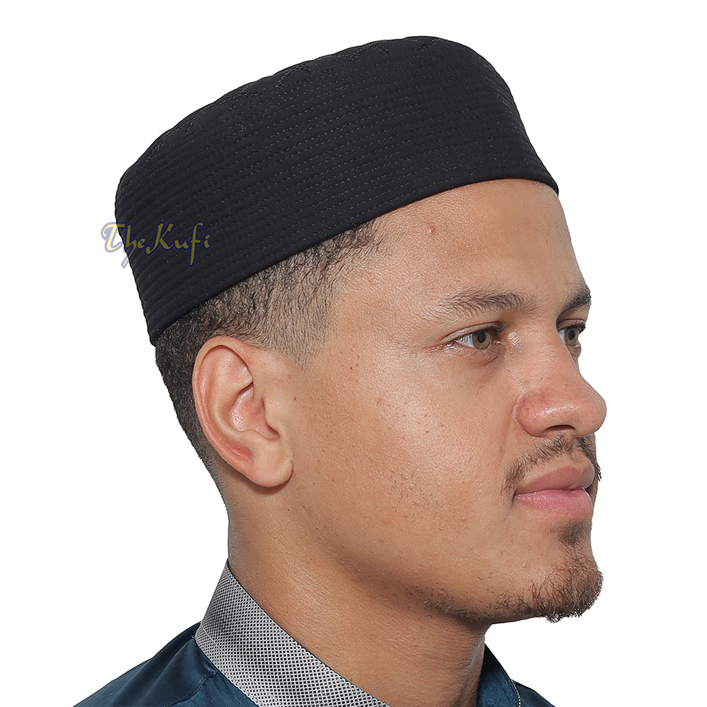 Premium Black Padded Malawi Kufis – Handmade Round Embroidered Asad Motif Muslim Prayer Caps