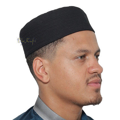 Premium Black Padded Malawi Kufis – Handmade Round Embroidered Asad Motif Muslim Prayer Caps