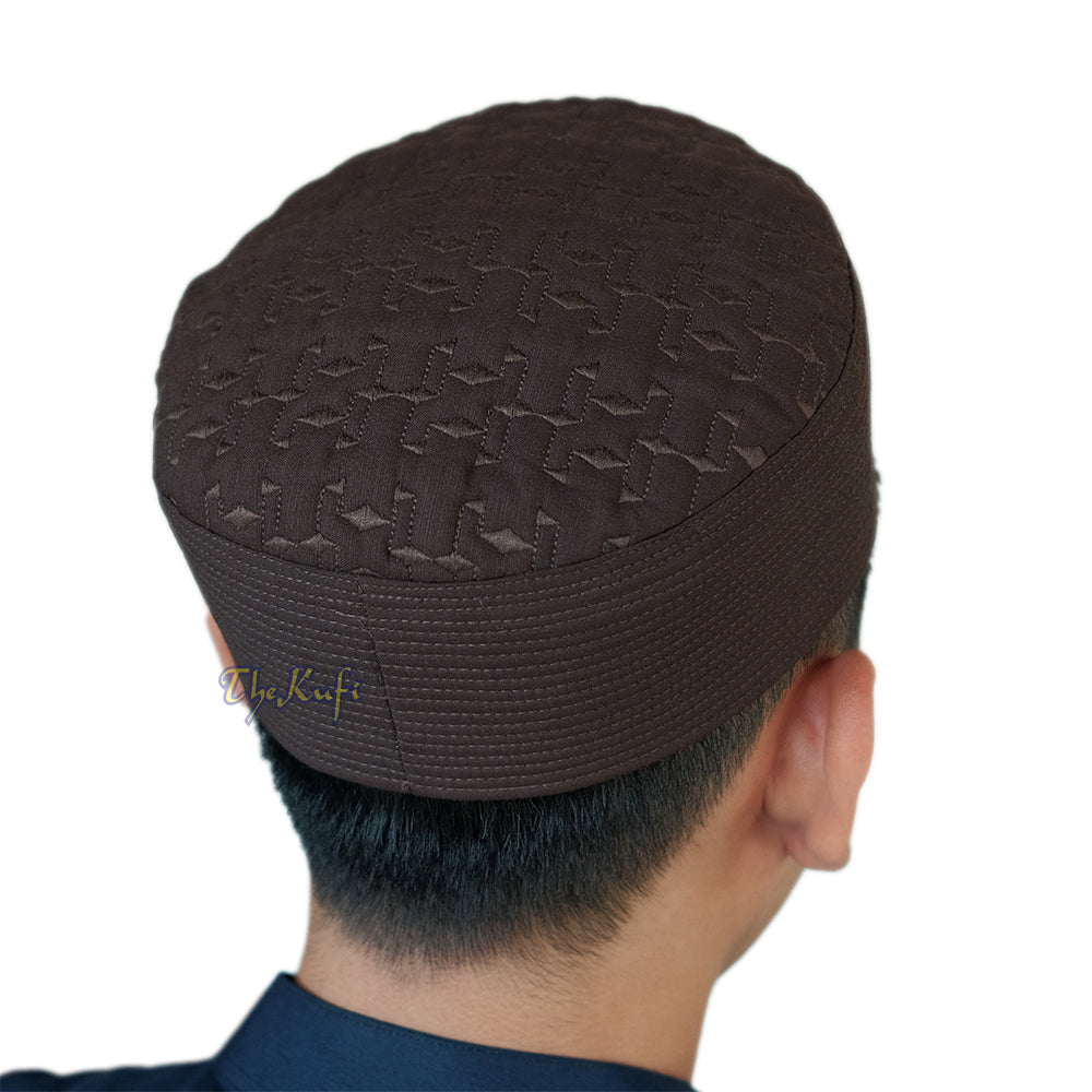 Premium Dark Brown Padded Malawi Kufis – Handmade Round Embroidered Ghalib Motif Muslim Prayer Caps