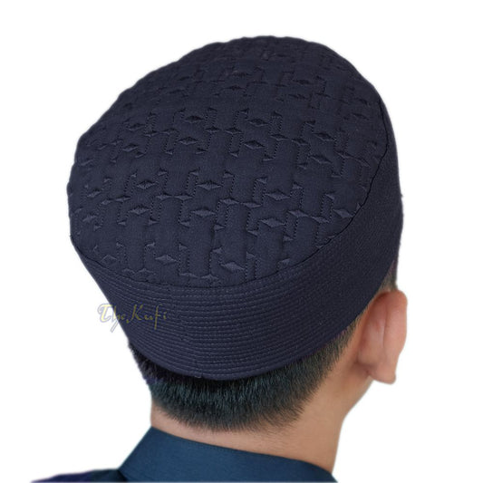 Premium Dark Navy Blue Padded Malawi Kufis – Handmade Round Embroidered Ghalib Motif Muslim Prayer Caps