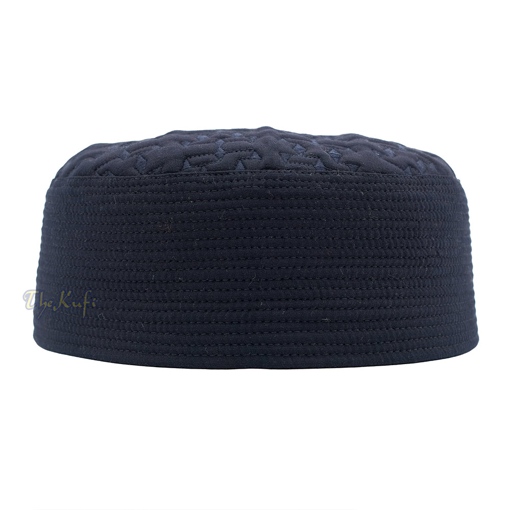 Premium Dark Navy Blue Padded Malawi Kufis – Handmade Round Embroidered Ghalib Motif Muslim Prayer Caps