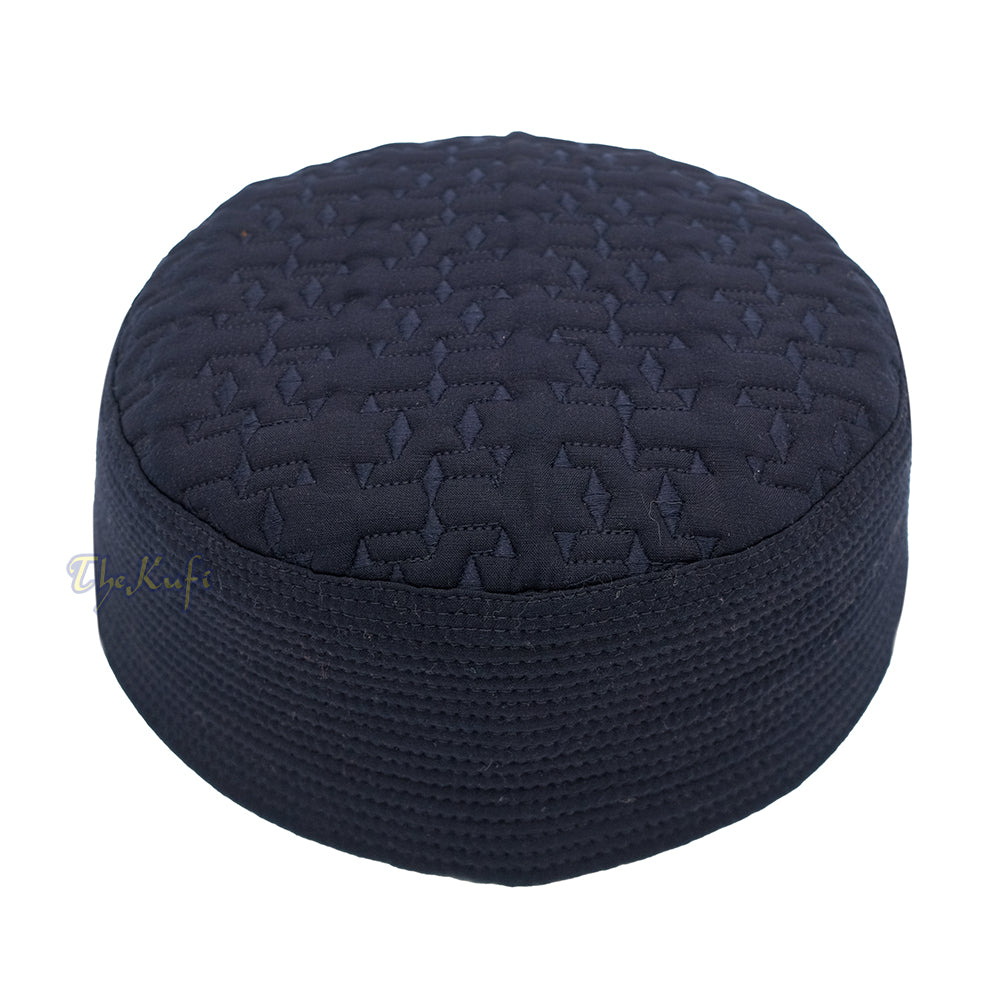 Premium Dark Navy Blue Padded Malawi Kufis – Handmade Round Embroidered Ghalib Motif Muslim Prayer Caps