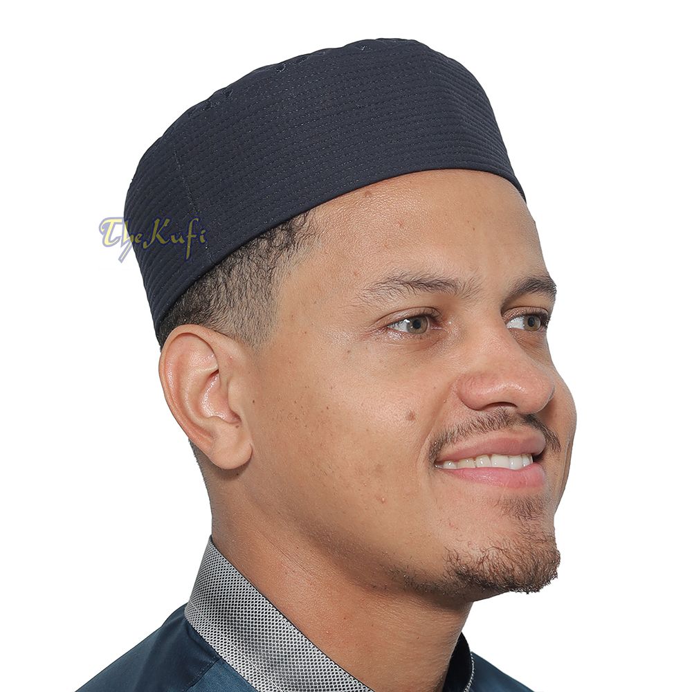 Premium Dark Navy Blue Padded Malawi Kufis – Handmade Round Embroidered Ghalib Motif Muslim Prayer Caps