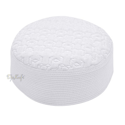 Premium White Padded Malawi Kufis – Handmade Round Embroidered Ghalib Motif Muslim Prayer Caps
