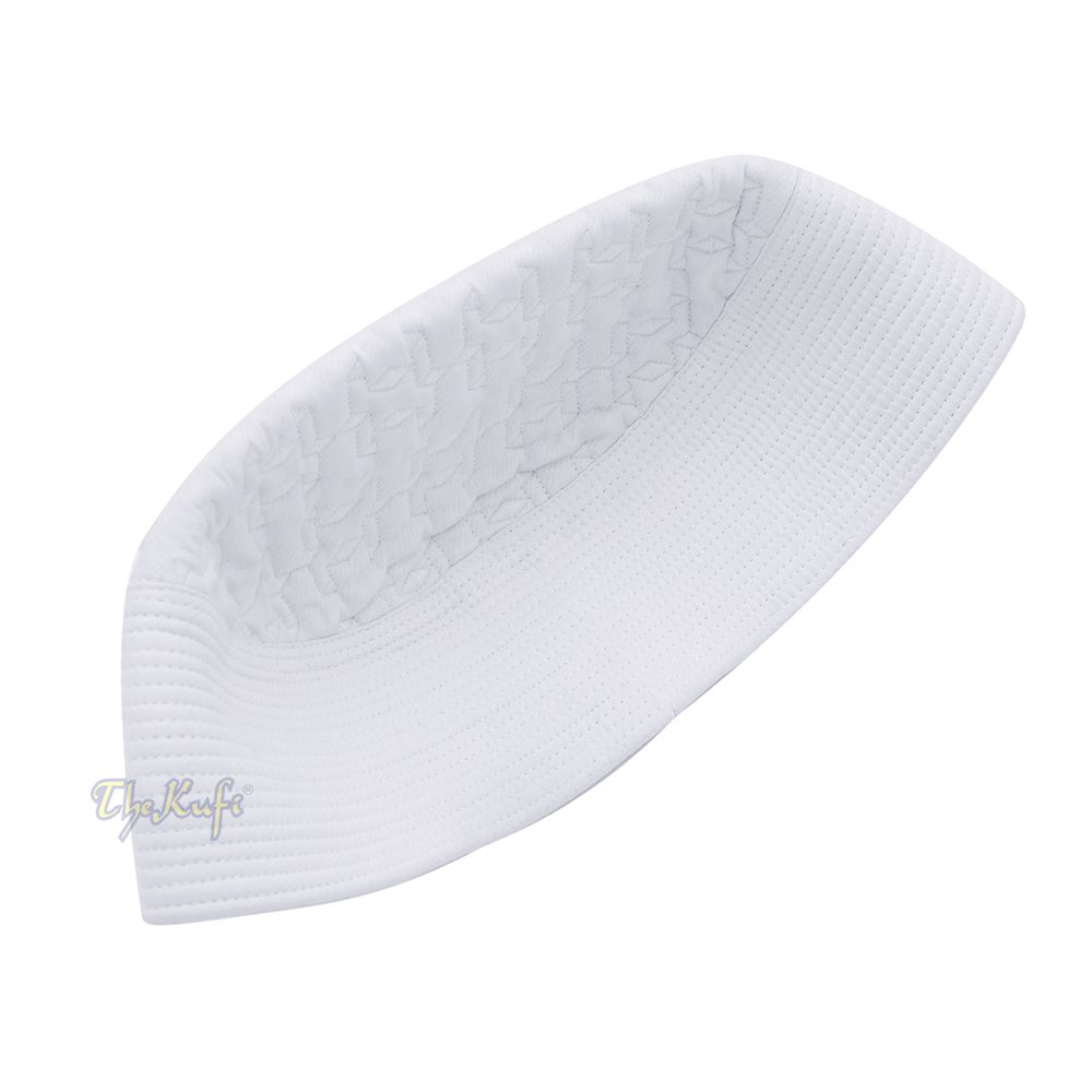 Premium White Padded Malawi Kufis – Handmade Round Embroidered Ghalib Motif Muslim Prayer Caps