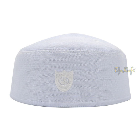 Malaysian Style Muslim Kufi Hat – White Rigid Stitched Oval Peci Formal Occasion Islamic Cap Embroidered Design 3-inch Tall Kopiah
