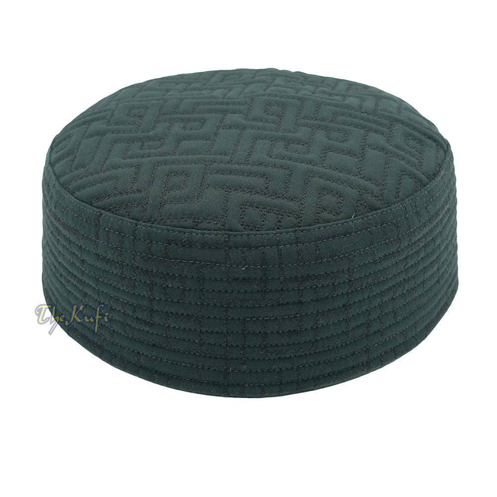 Premium Dark Green Padded Malawi Kufis – Handmade Round Embroidered Sultan Motif Muslim Prayer Caps