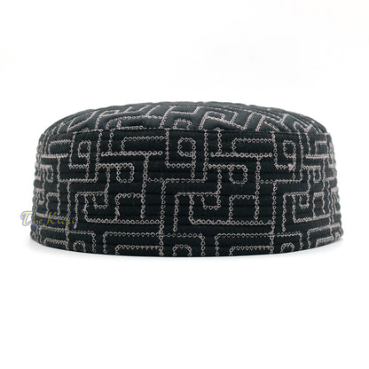 Premium Black with White Padded Malawi Kufis – Handmade Round Embroidered Sultan Motif Muslim Prayer Caps