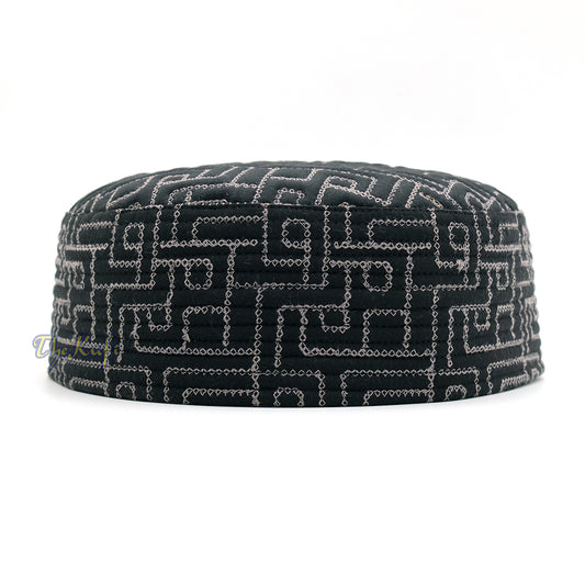 Premium Black with White Padded Malawi Kufis – Handmade Round Embroidered Sultan Motif Muslim Prayer Caps