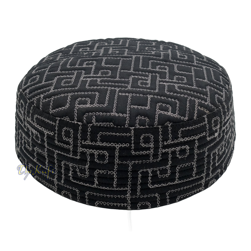 Premium Black with White Padded Malawi Kufis – Handmade Round Embroidered Sultan Motif Muslim Prayer Caps