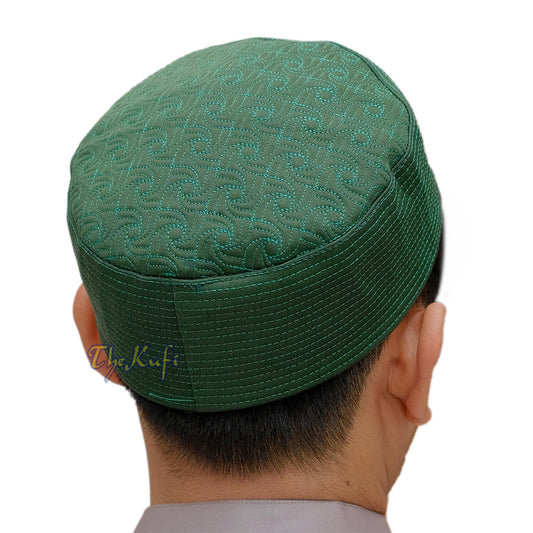 Green Pinwheel Motif Top – Malawi African Muslim Kufi Hat – Islamic Semi-Stiff Stitched Wall Prayer Cap