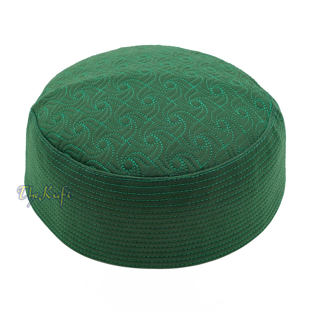 Green Pinwheel Motif Top – Malawi African Muslim Kufi Hat – Islamic Semi-Stiff Stitched Wall Prayer Cap