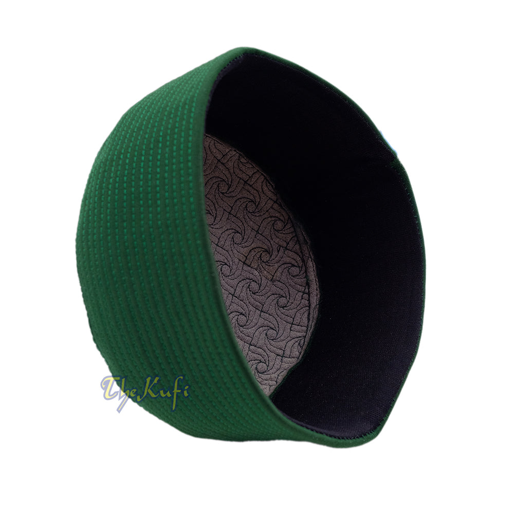 Green Pinwheel Motif Top – Malawi African Muslim Kufi Hat – Islamic Semi-Stiff Stitched Wall Prayer Cap