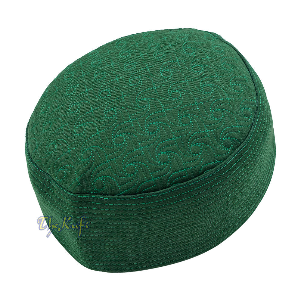 Green Pinwheel Motif Top – Malawi African Muslim Kufi Hat – Islamic Semi-Stiff Stitched Wall Prayer Cap