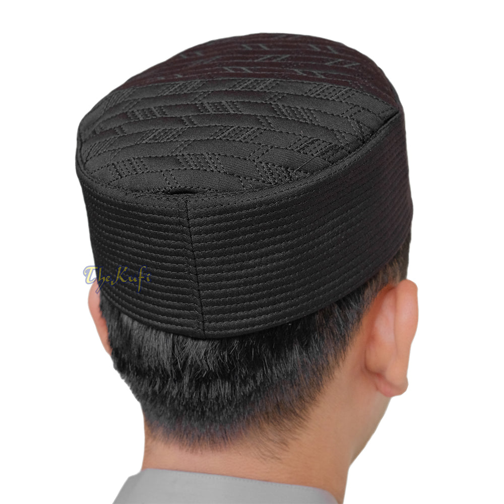 Black Herringbone Motif Top – Malawi African Muslim Kufi Hat – Islamic Semi-Stiff Stitched Wall Prayer Cap