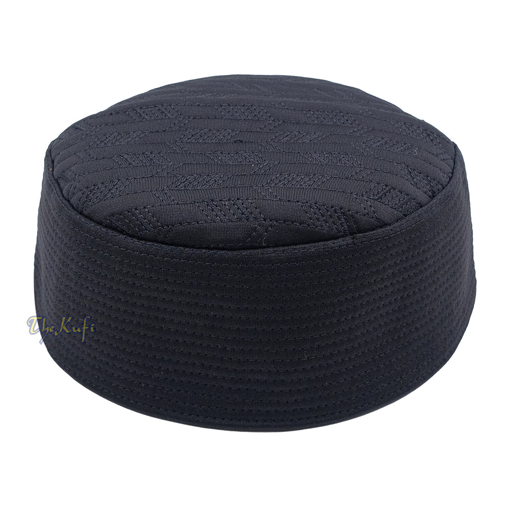 Black Herringbone Motif Top - Malawi African Muslim Kufi Hat - Islamic Semi-Stiff Stitched Wall Prayer Cap
