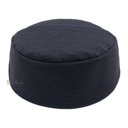 Black Herringbone Motif Top - Malawi African Muslim Kufi Hat - Islamic Semi-Stiff Stitched Wall Prayer Cap