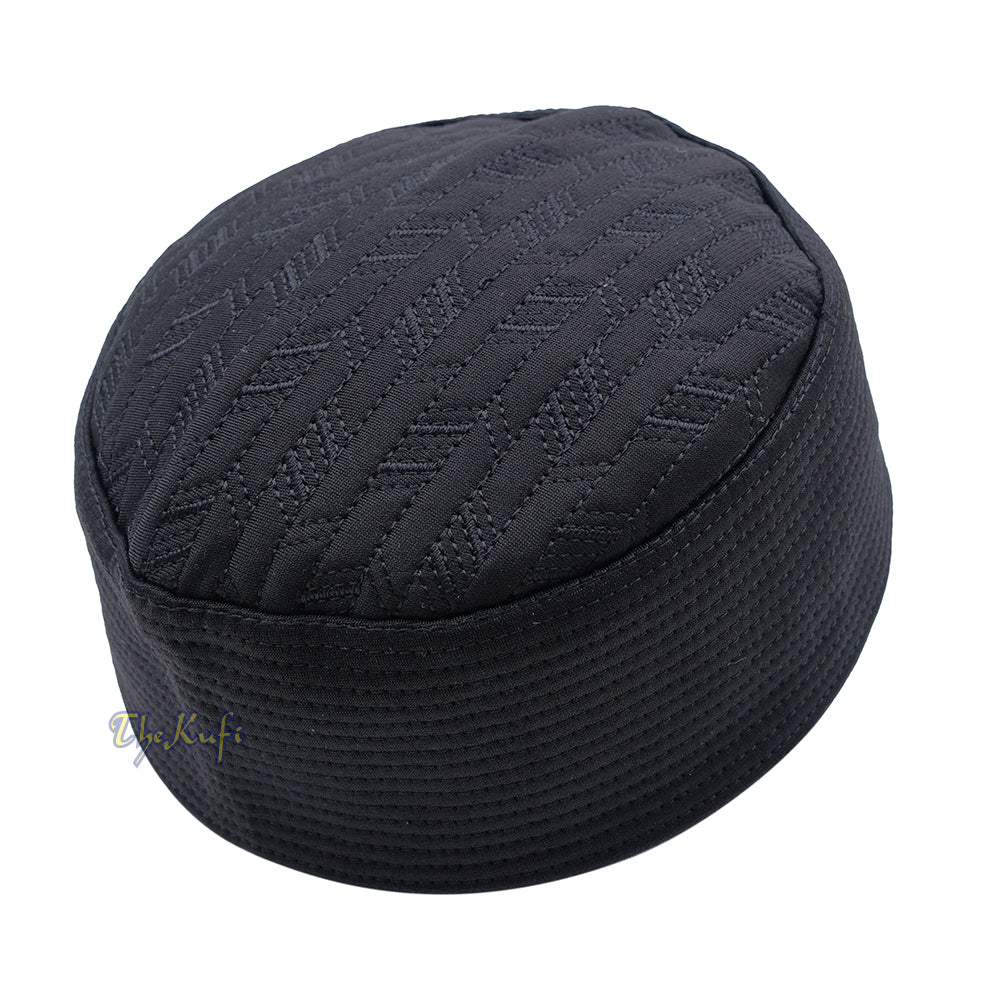 Black Herringbone Motif Top – Malawi African Muslim Kufi Hat – Islamic Semi-Stiff Stitched Wall Prayer Cap