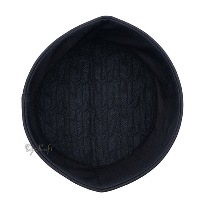 Black Herringbone Motif Top - Malawi African Muslim Kufi Hat - Islamic Semi-Stiff Stitched Wall Prayer Cap