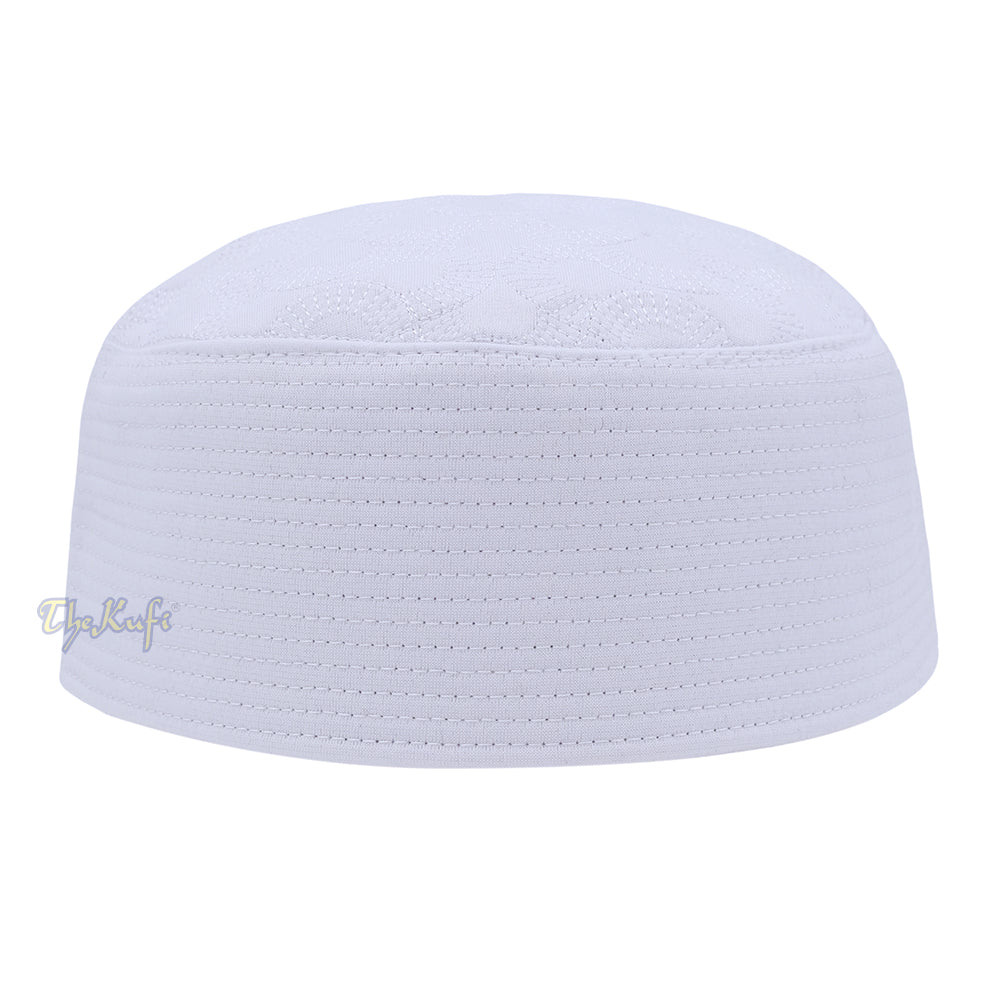 White Semicircle Motif Top – Malawi African Muslim Kufi Hat – Islamic Semi-Stiff Stitched Wall Prayer Cap