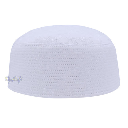 White Semicircle Motif Top – Malawi African Muslim Kufi Hat – Islamic Semi-Stiff Stitched Wall Prayer Cap