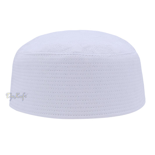 White Semicircle Motif Top – Malawi African Muslim Kufi Hat – Islamic Semi-Stiff Stitched Wall Prayer Cap