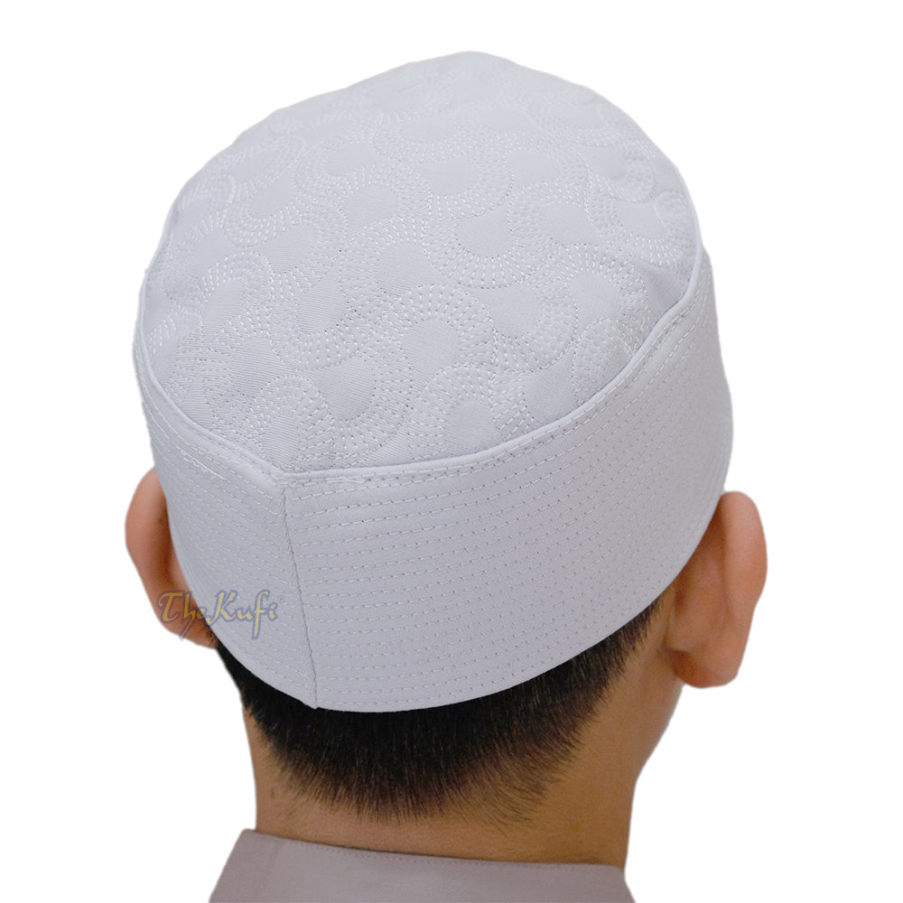 White Semicircle Motif Top – Malawi African Muslim Kufi Hat – Islamic Semi-Stiff Stitched Wall Prayer Cap