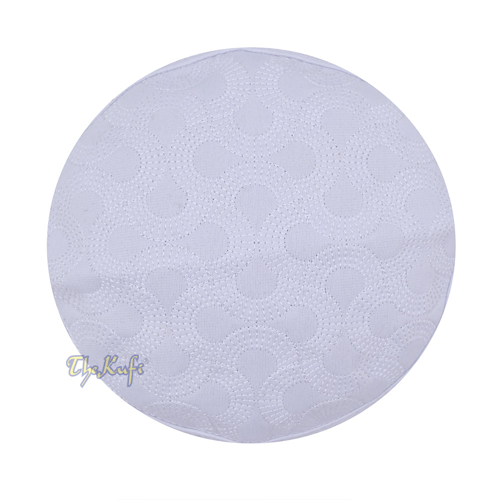White Semicircle Motif Top - Malawi African Muslim Kufi Hat - Islamic Semi-Stiff Stitched Wall Prayer Cap