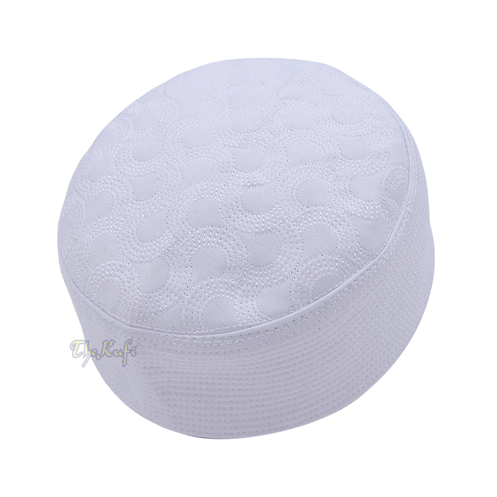 White Semicircle Motif Top – Malawi African Muslim Kufi Hat – Islamic Semi-Stiff Stitched Wall Prayer Cap